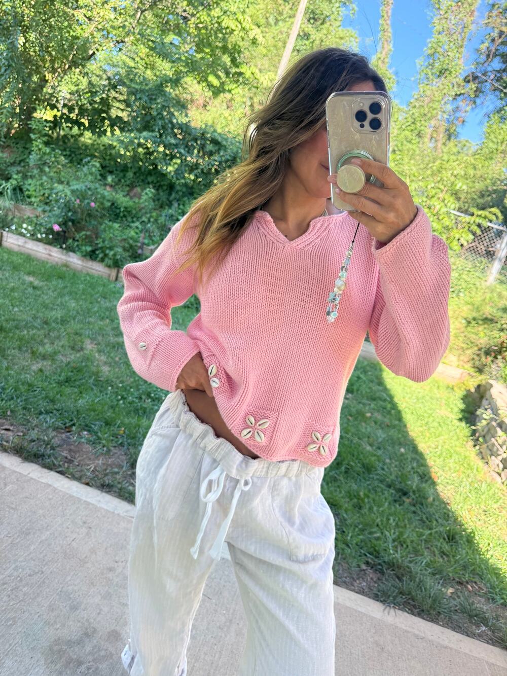Vintage Pink Cowrie Shell Cotton Sweater